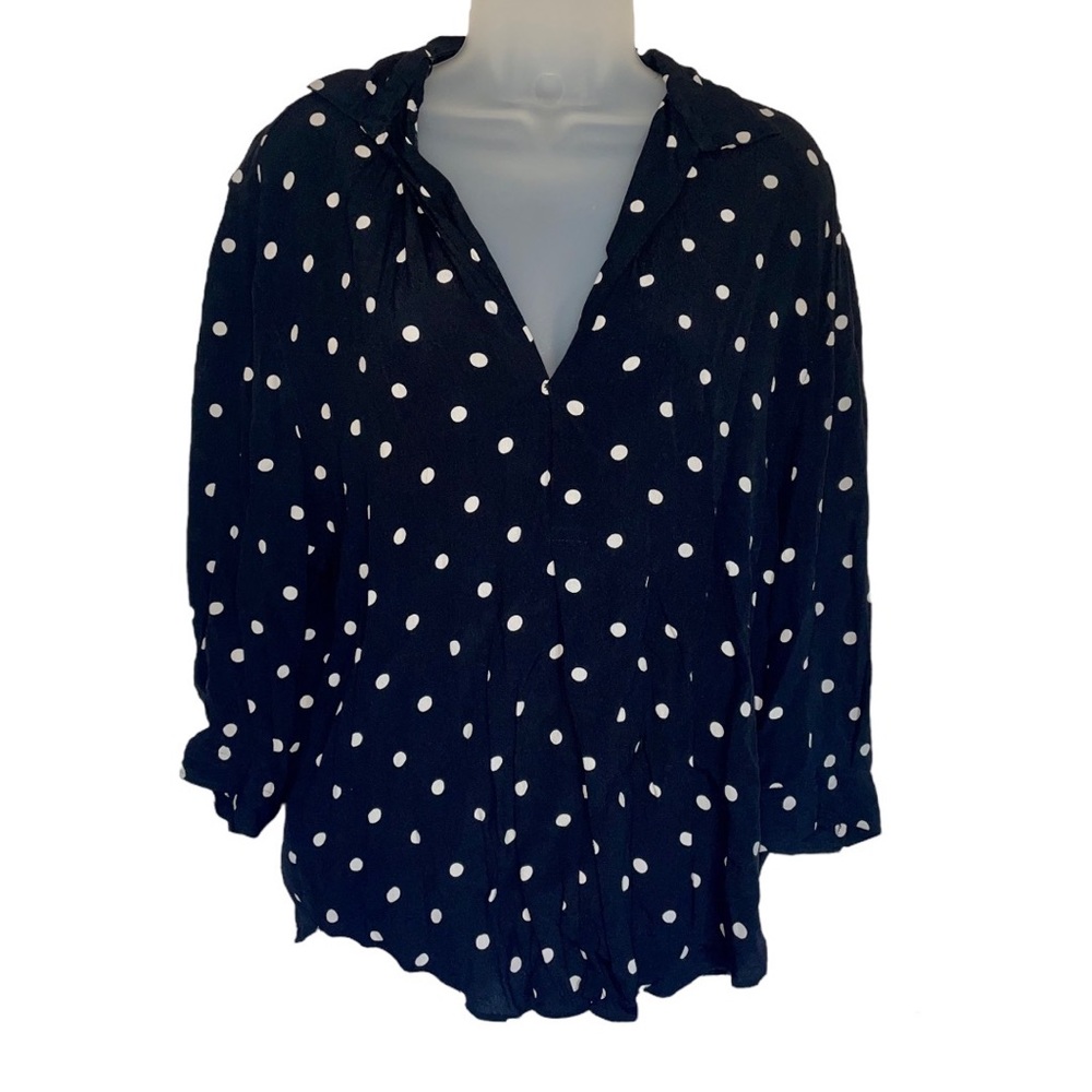 Zara Black White Polka Dot Blouse V-Neck Collar Night Out Date Dinner Shirt